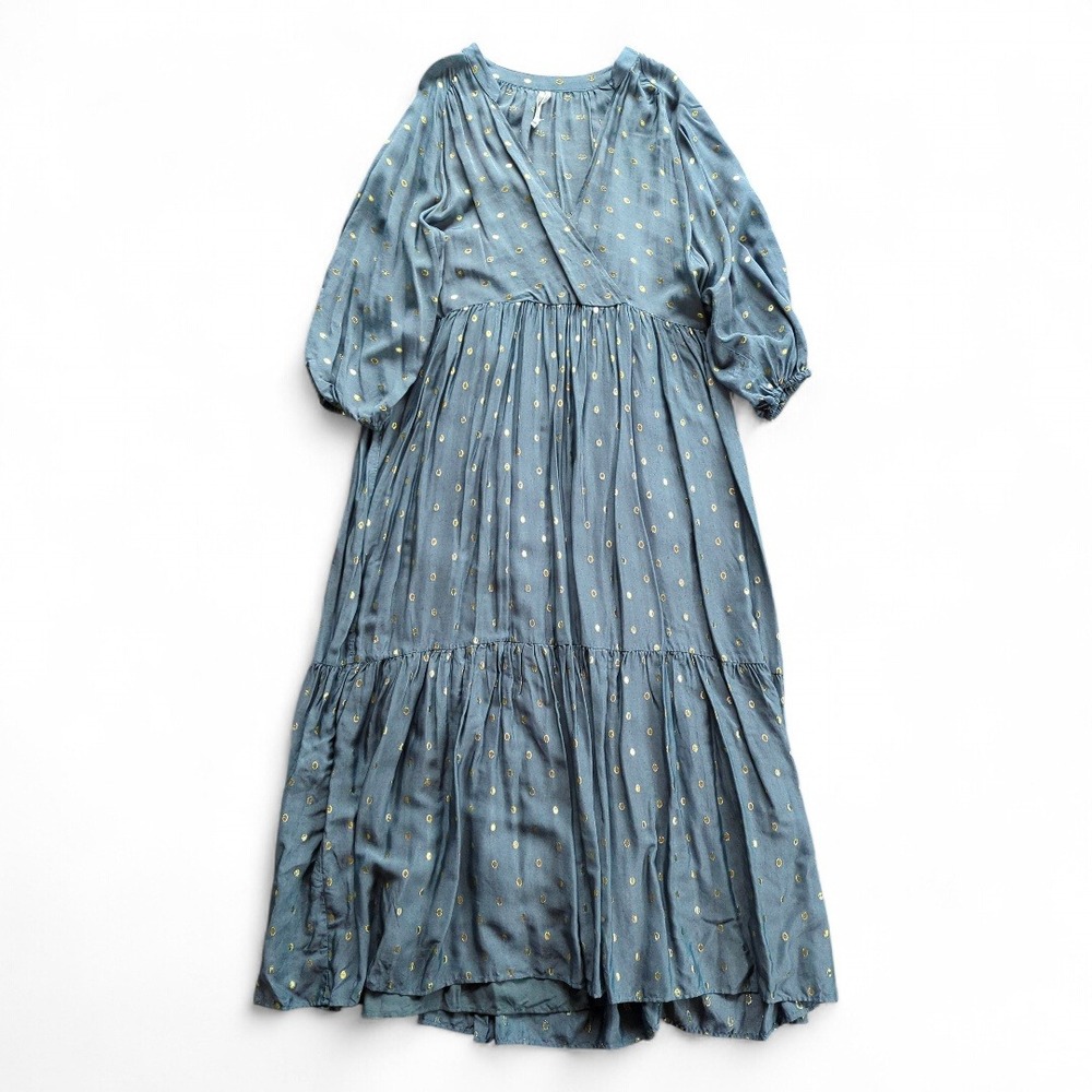 Anthropologie Stormy Blue‎ Tiered Maxi Dress Metallic Dot Napoli Size M - Picture 5 of 15